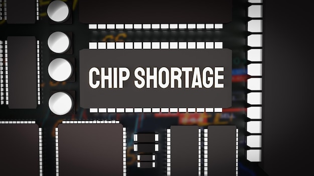 Il testo della carenza di chip e il rendering 3d della scheda ic e pcb