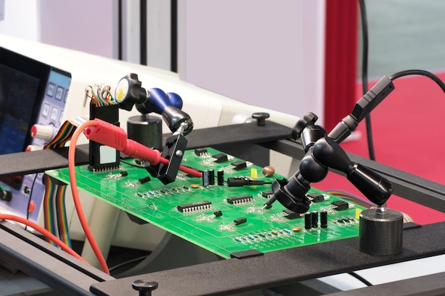 Chip testing equipment A closeup study of a test sample of a transistor chip under a microscope in the laboratory Automation of production