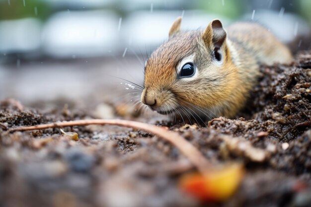 Chipmunk clearing debris from around its burrow