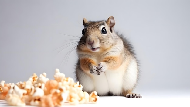 A chipmunk looks at a bowl of food.