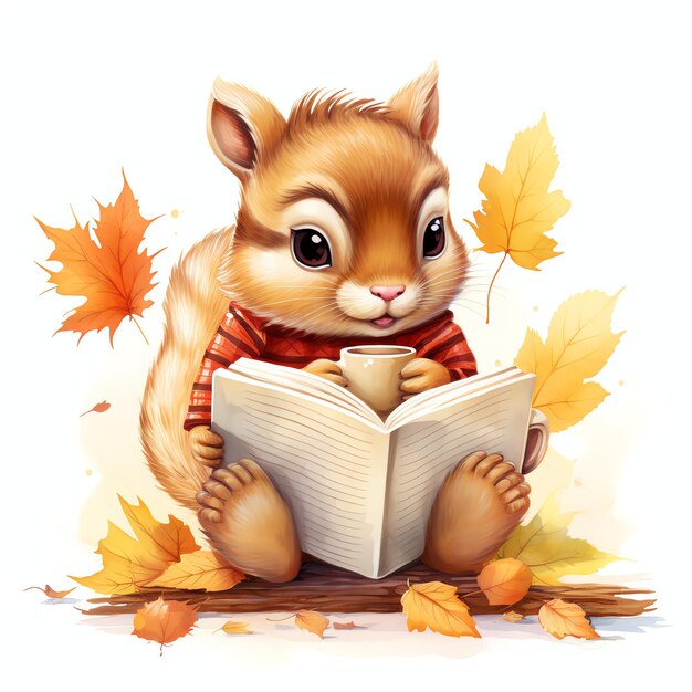 Chipmunk met boek en beker in het herfstbos