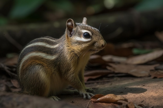 A chipmunk sits on the ground in the forest.