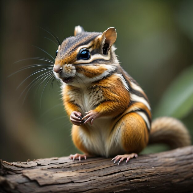 Photo a chipmunk sits on a log with the letter h on it.