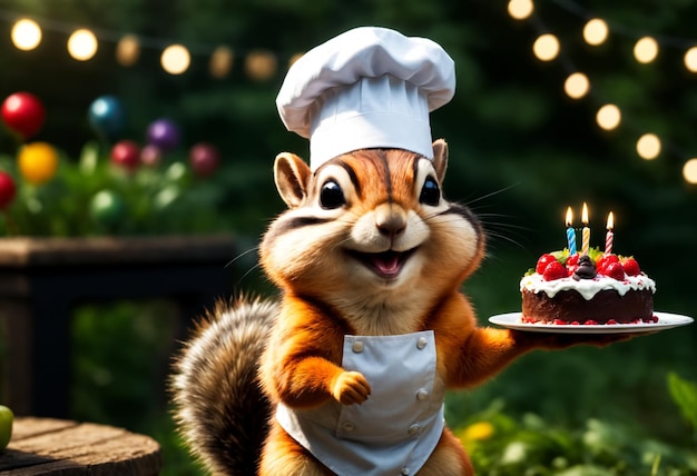 Photo chipmunk wearing chef hat holding birthday cake generative ai