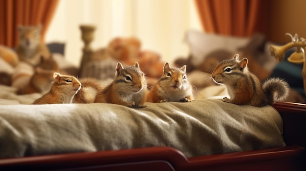 chipmunks sitting on a bed with stuffed animals in the background generative ai