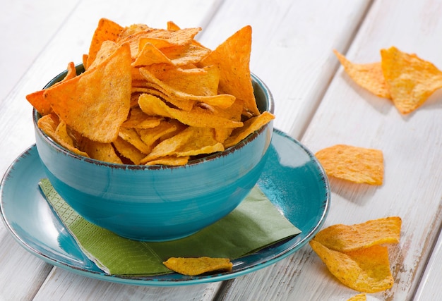 Chips in a bowl on wooden table