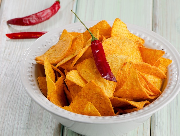 Photo chips in a bowl on wooden table