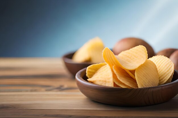 Chips in a bowl on a wooden table