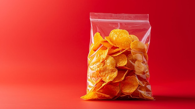 Photo chips food package mockup red background