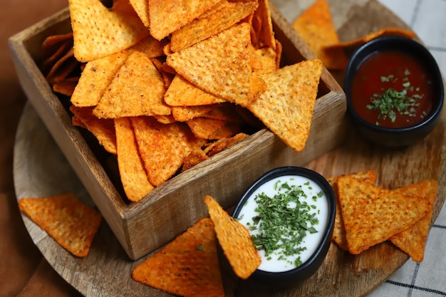 Chips nachos with sauces Mexican snacks