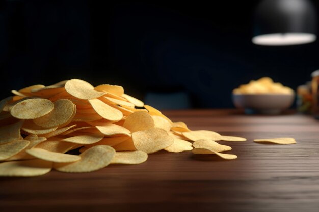 Chips stack potato on table closeup shot Yellow deep fried snack for food party celebration Generate ai