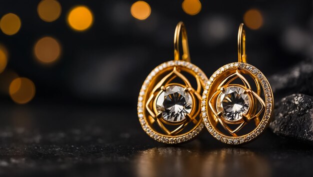 Chique gouden oorbellen met diamanten op een donkere achtergrond
