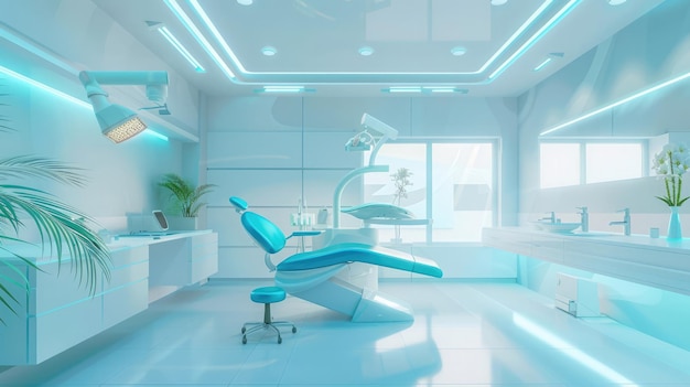 Chique interieur van een tandheelkundige kliniek met hightech faciliteiten en zachte verlichting