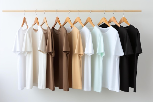 Chique minimalistische kleding Women39s blouses en T-shirts hangend op witte achtergrond AI