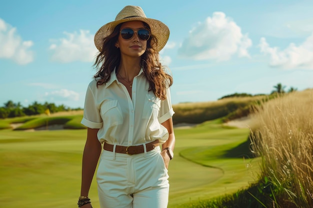 Chique vrouw wandelt op een weelderige golfbaan met een zak met clubs voor de zomerwedstrijd