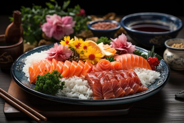 Chirasi sushi bowl with sashimi on rice generative IA