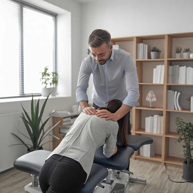 Chiropractor adjusting a patients spine in a modern