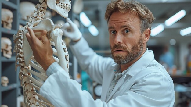 Photo chiropractor pointing on human skeleton