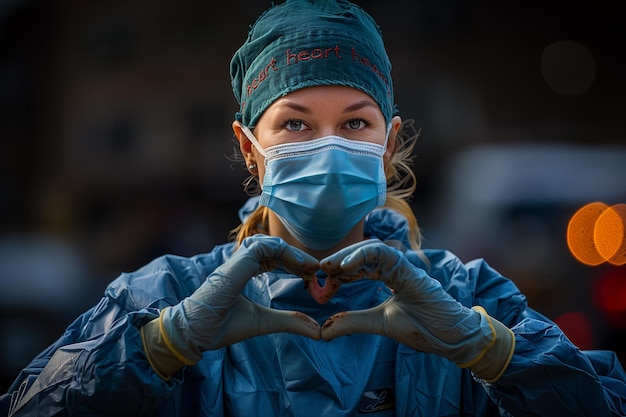 Foto chirurg in masker en handschoenen maakt een hartgebaar dat zorg en toewijding symboliseert