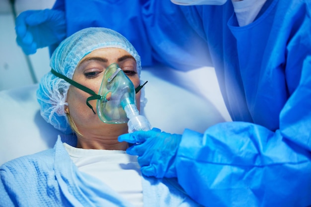 Chirurgie anesthesie en arts met vrouw met zuurstofmasker voor medische dienstoperatie en procedure Gezondheidszorgziekenhuis en chirurgen met gasademhalings- en ventilatieapparatuur voor de patiënt