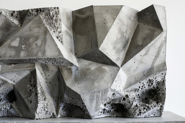 a chiseled concrete block with sharp edges and angular features placed on top of a table chiseled concrete block with sharp edges and angular shapes