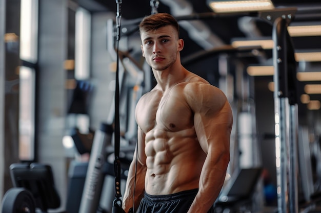 Chiseled young man at gym displaying toned abs