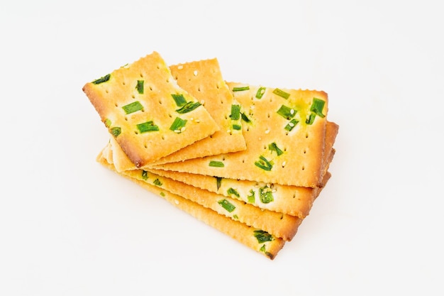 Chive biscuits on white background