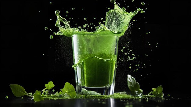 Photo chlorophyllrich green juice spirulina splattering out of a glass against a dark backdrop generative ai