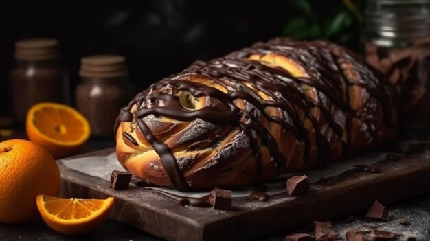 Chocolade Babka met sinaasappels Oranje gebak op een marmeren tafel Huisgemaakte taart Generatieve AI