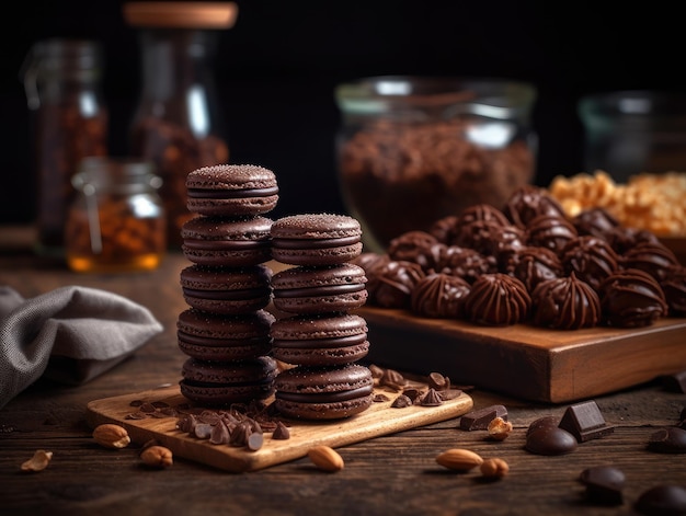 Chocolade bitterkoekjes dessert zelfgemaakt op houten achtergrond Generatieve AI