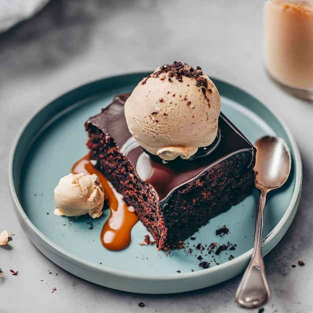 Chocolade brownie cake met een bolletje ijs