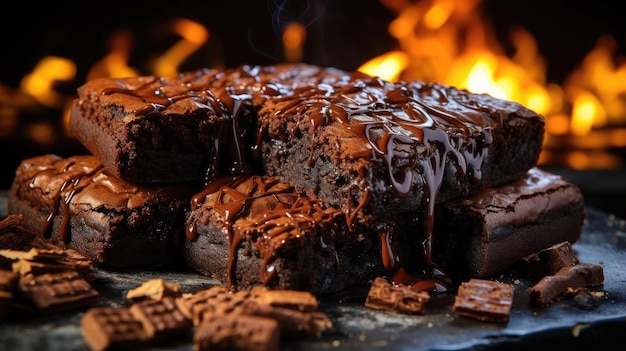 chocolade brownies gevuld met gesmolten zoete chocolade op een zwarte achtergrond en wazig