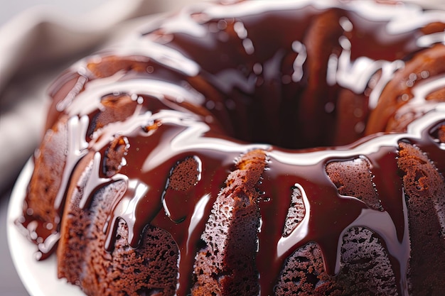 Foto chocolade bundt cake bezaaid met chocolade ganache glazuur