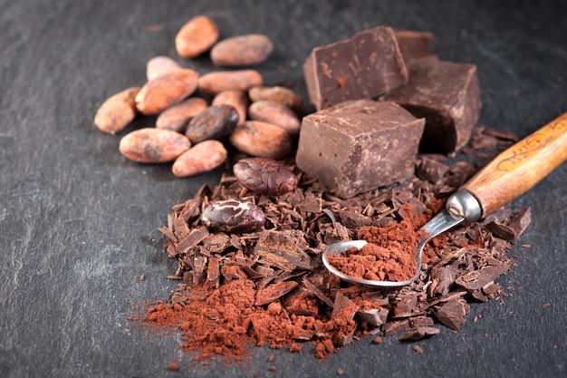 Chocolade cacaobonen en cacaopoeder op een stenen achtergrond
