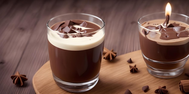 Chocolade Coquito touch van vanille extract kaneel donkere rum en chocolade op de houten tafel