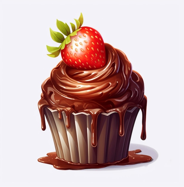 chocolade cupcake met een aardbei erop en gesmolten chocolade generatieve ai