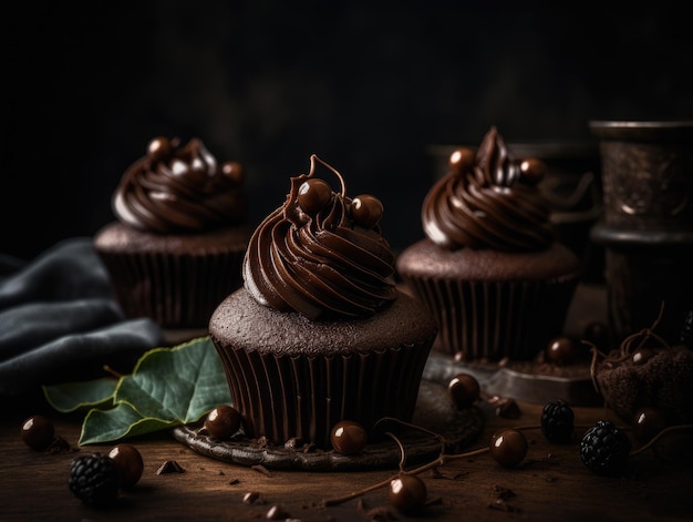 Chocolade cupcake op donkere houten achtergrond Generatieve AI