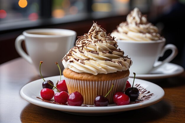 Chocolade cupcake versierd naast dampende koffie generatieve IA