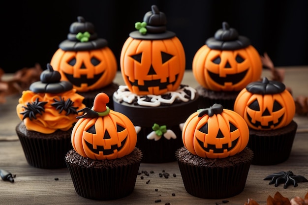 Chocolade Cupcakes Gele kwade pompoendecoratie met Halloween-thema