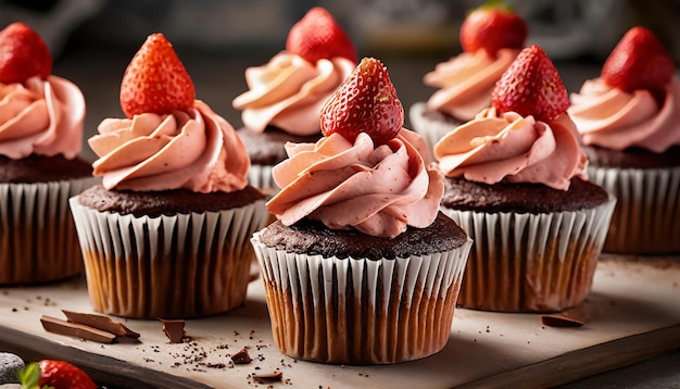 Chocolade cupcakes met aardbeien en ganache glazuur Dessert met slagroom