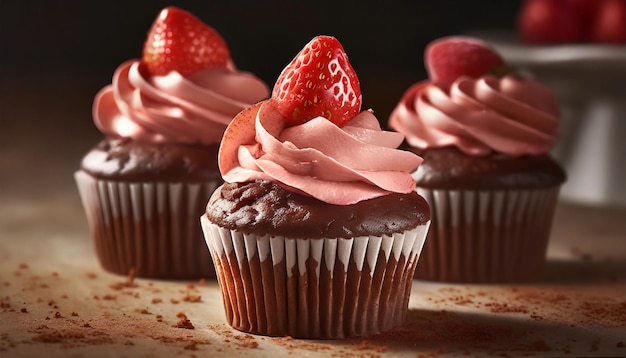 Chocolade cupcakes met aardbeien en ganache glazuur Dessert met slagroom