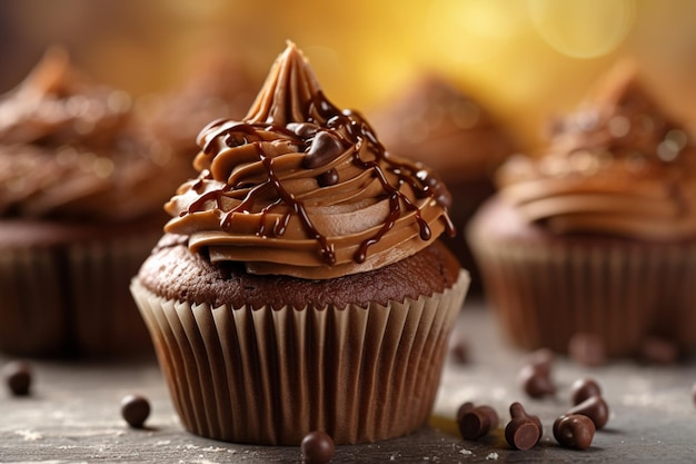 Chocolade cupcakes met chocoladeglazuur en chocoladeschilfers op een tafel generatieve ai