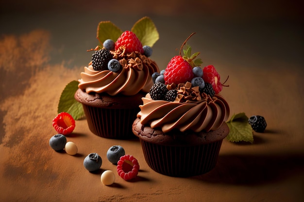 Chocolade cupcakes met delicate room en decoratie in de vorm van bessen