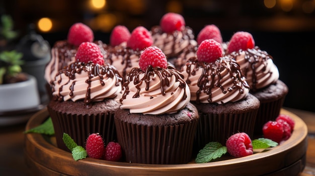 Chocolade cupcakes met frambozen en chocoladesaus in een houten doos Generatieve AI