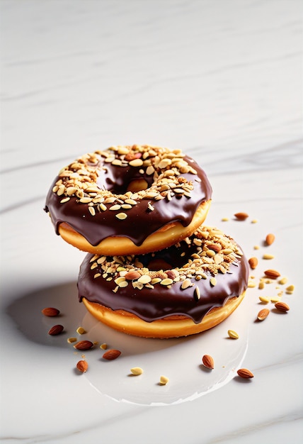 Chocolade donut met amandel op witte vloer.