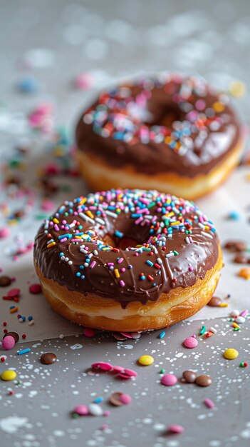 Chocolade donuts op een witte tafel met kleurrijk papier verspreid over de hele foto