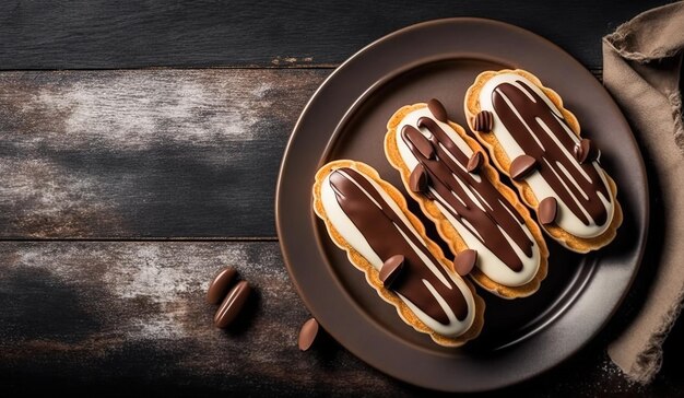 Foto chocolade eclairs op een ovaal schotel taartjes met kaneel en laeves en een kopie ruimte