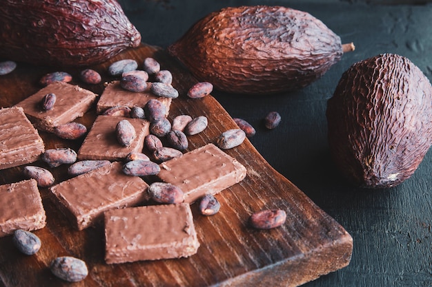 Chocolade en cacaobonen met cacao op zwart