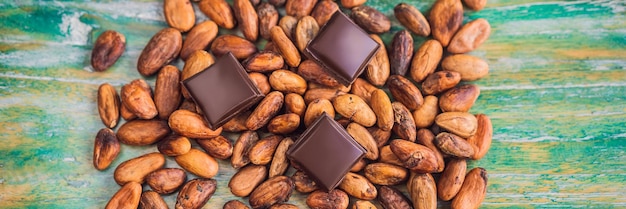 Chocolade en cacaobonen op kleur houten achtergrond banner lang formaat