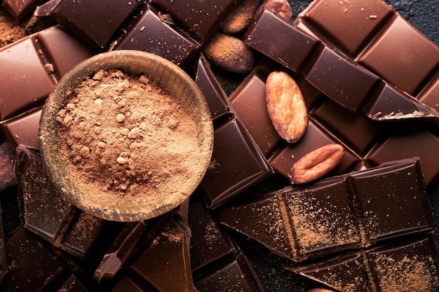 Chocolade en cacaopoeder Samenstelling van geraspte cacaopoeder en bonen cacaorepen en stukjes van verschillende melk en donkere chocolade op zwarte achtergrond Bakken Chocolade Textuur Bovenaanzicht Mock up